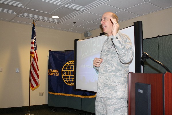 Col. Joseph H. Scherrer, USAF, commander, 689 Combat Communications Wing, addresses the chapter in July and shares his philosophy on conducting cyberwarfare in a challenging political atmosphere.